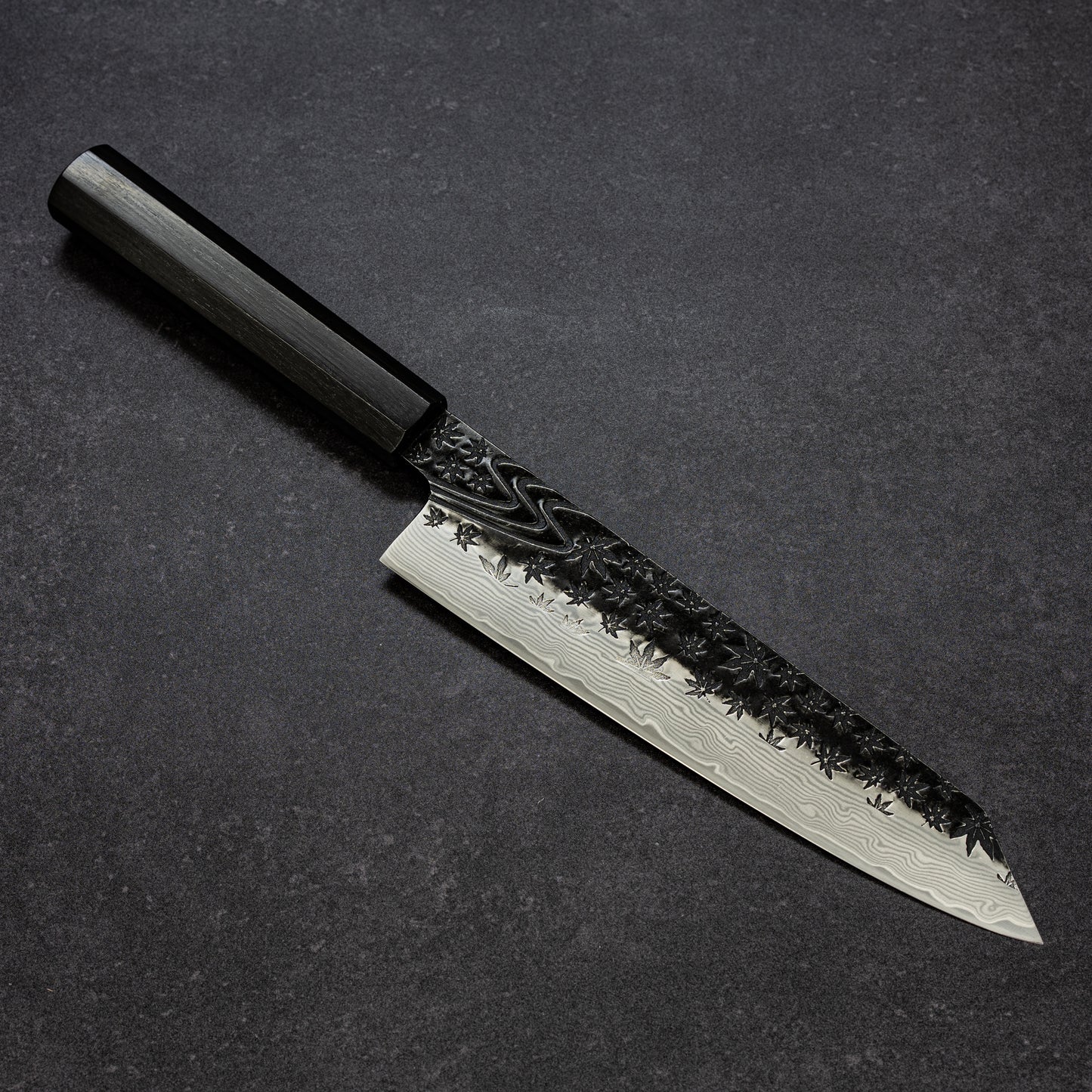 Black Maple Stream Hammered Finish 67lays Damascus Bunka 210mm