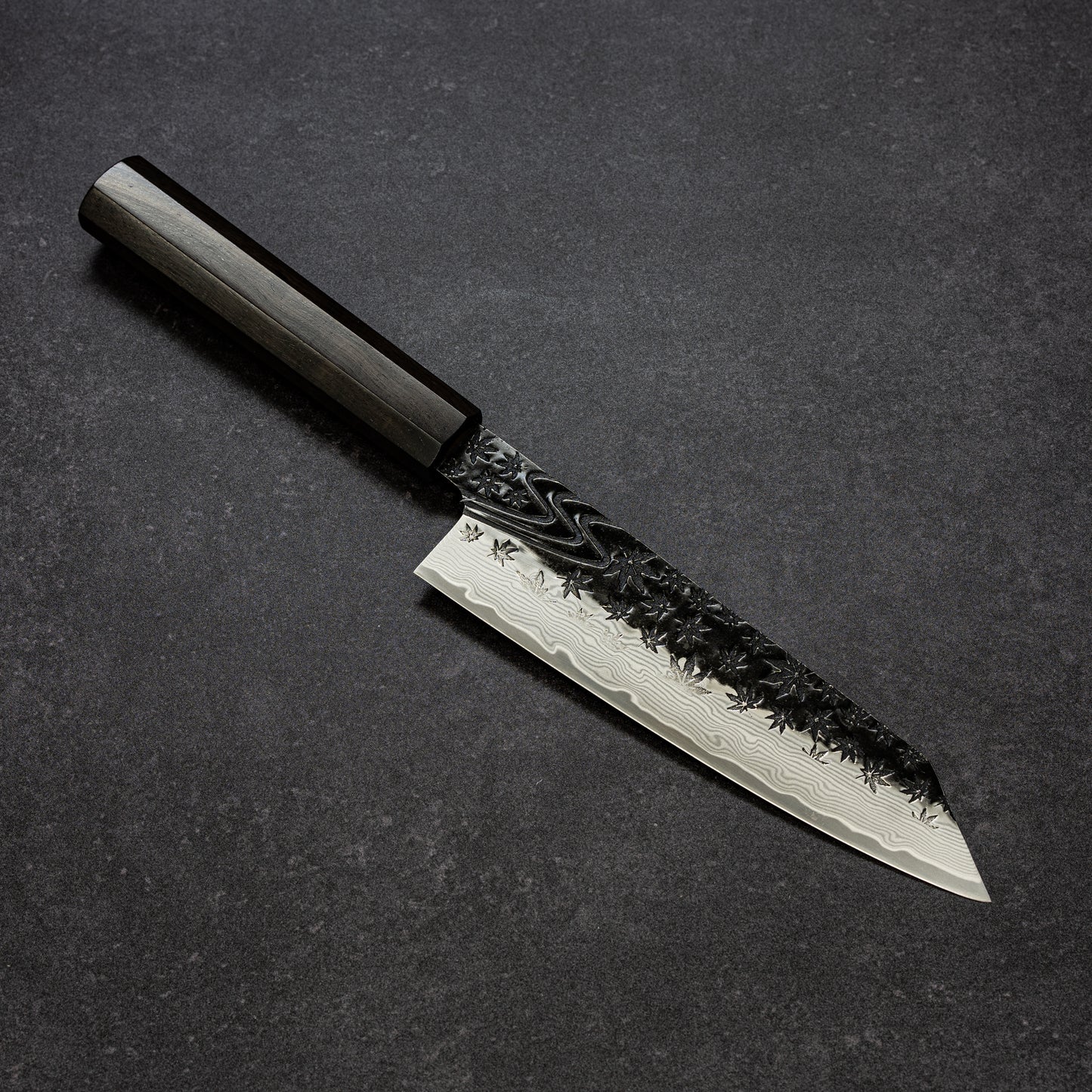 Black Maple Stream Hammered Finish 67lays Damascus Bunka 180mm