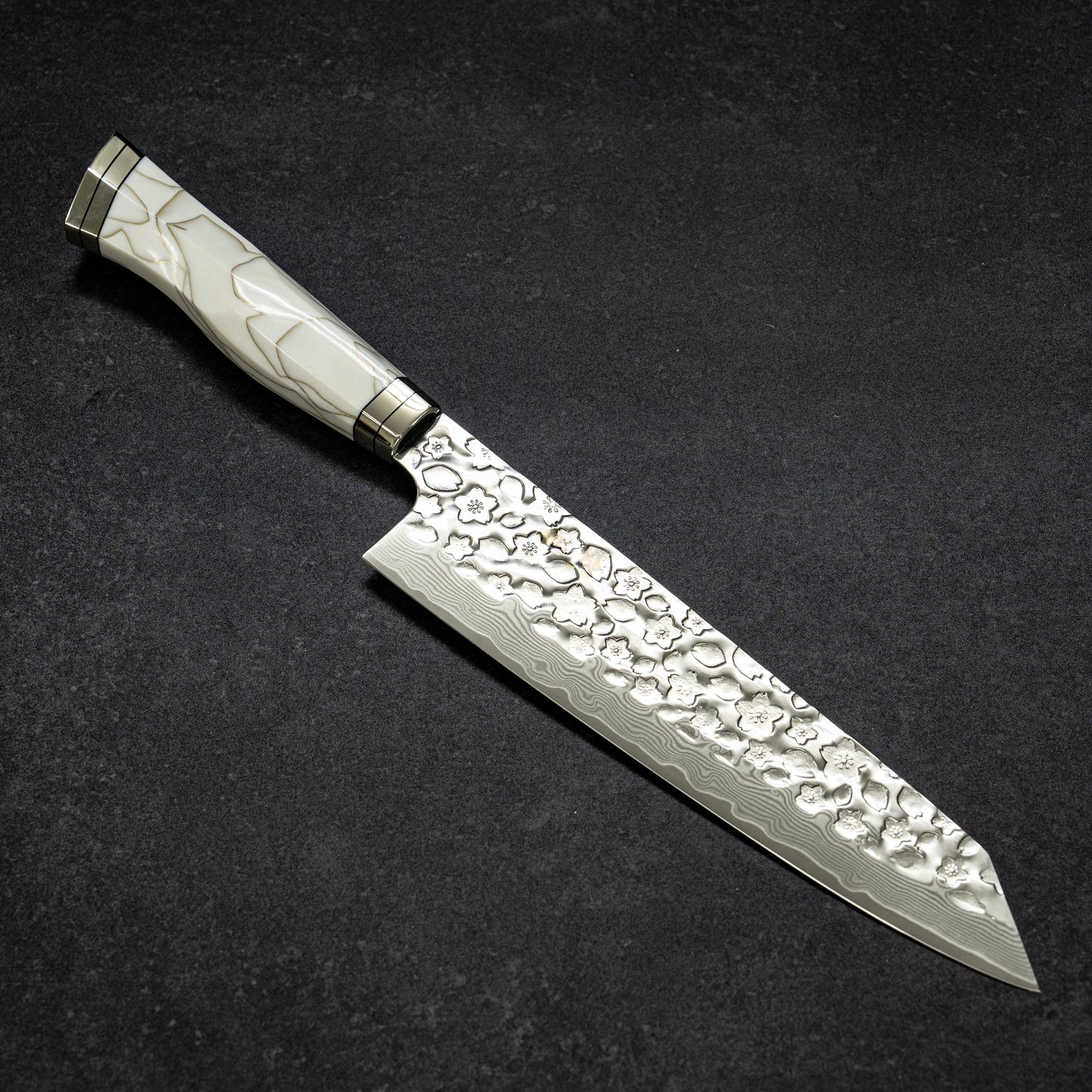 Polished Cherry Blossoms Hammered Finish 67lays Damascus Bunka 210mm Pearl Handle