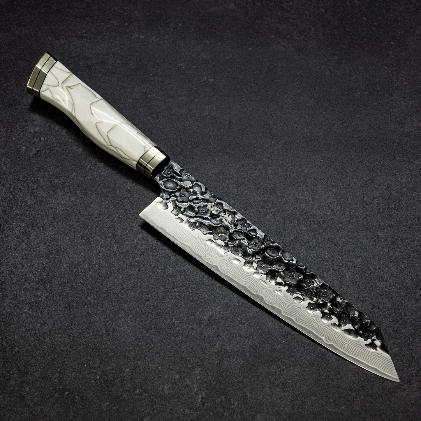 Black Cherry Blossoms Hammered Finish 67lays Damascus Bunka 210mm Pearl Handle