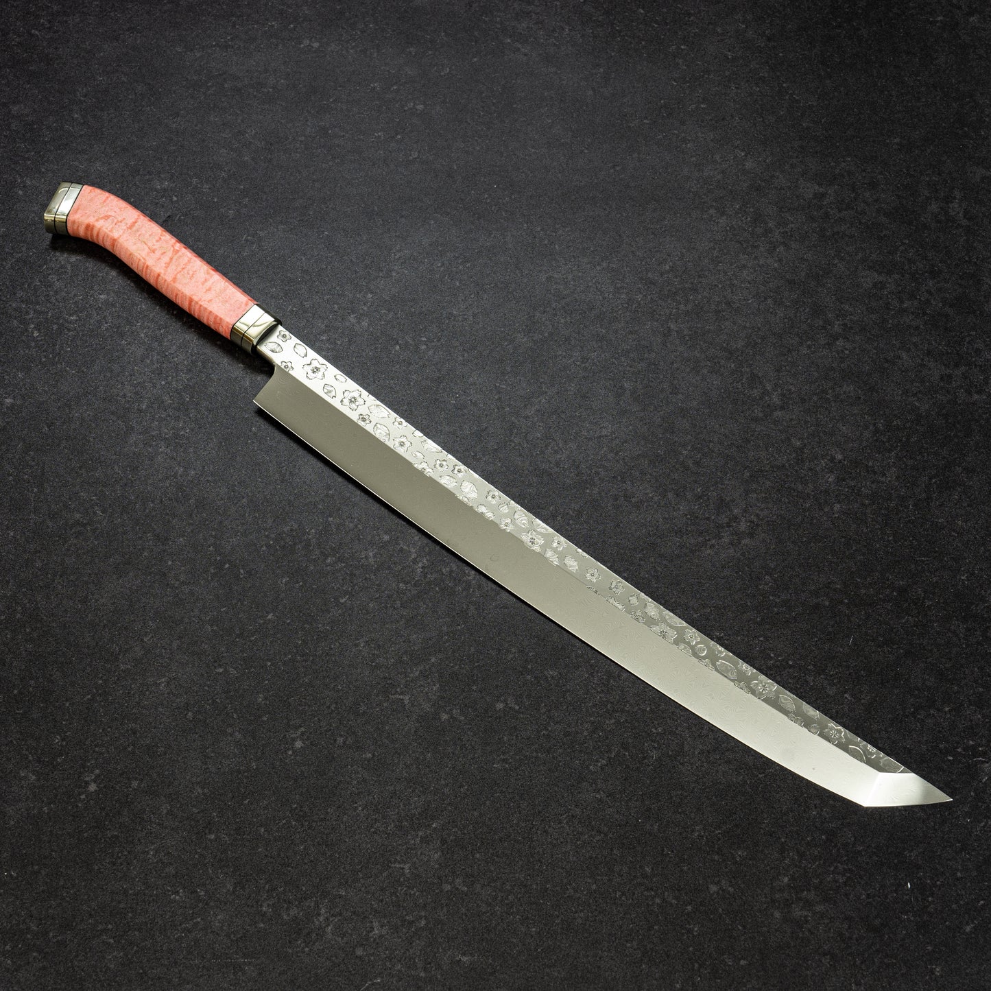 【Pre-Order】Polished Cherry Blossoms Hammered Finish Coreless Damascus Sakimaru-Yanagiba 350mm
