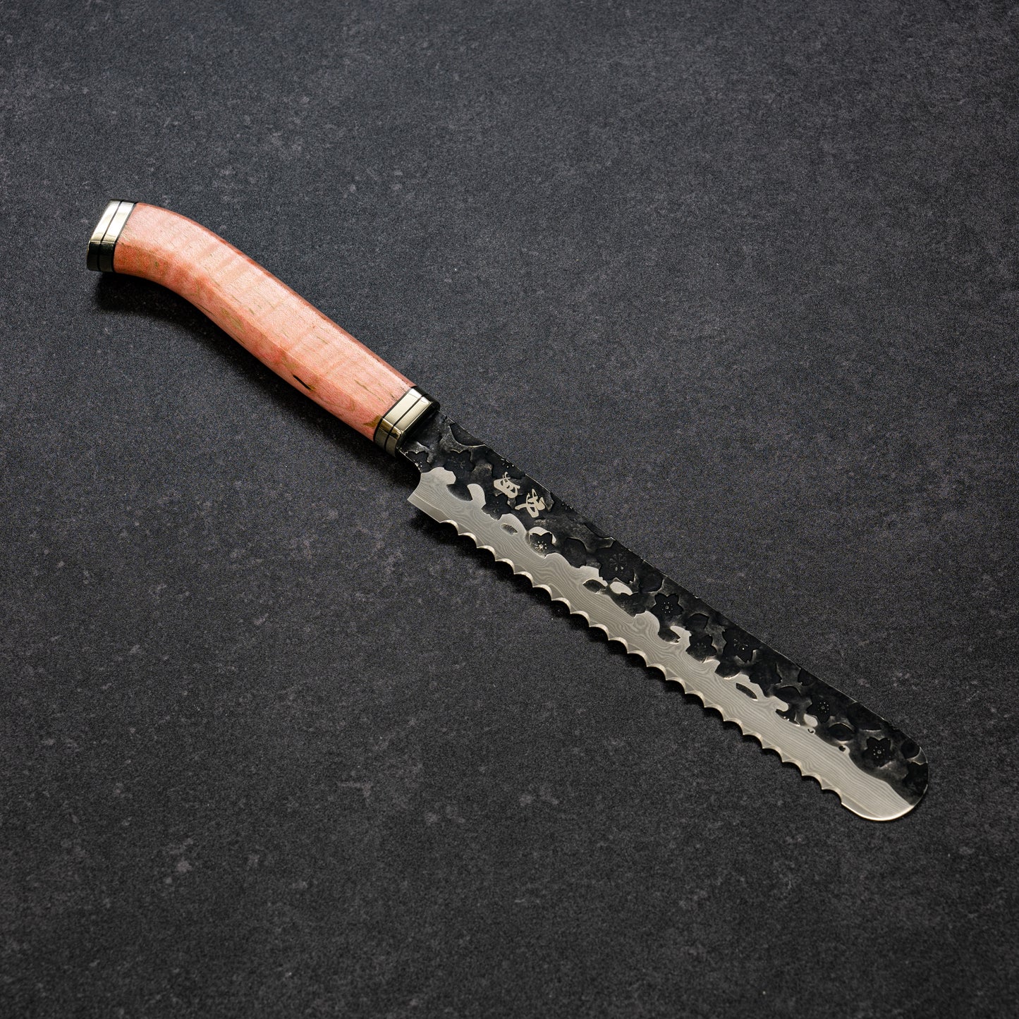 Black Cherry Blossoms Hammered Finish 67lays Damascus Mini-Bread Knife 150mm Pink Handle