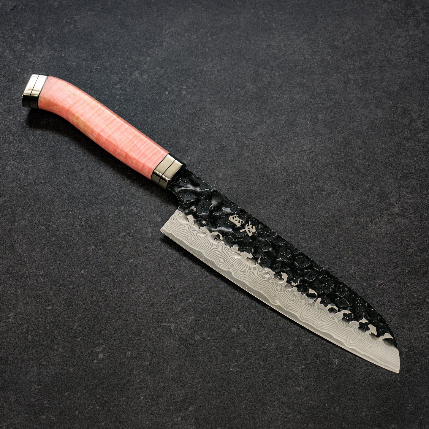 Black Cherry Blossoms Hammered Finish 67lays Damascus Santoku 180mm Pink Handle