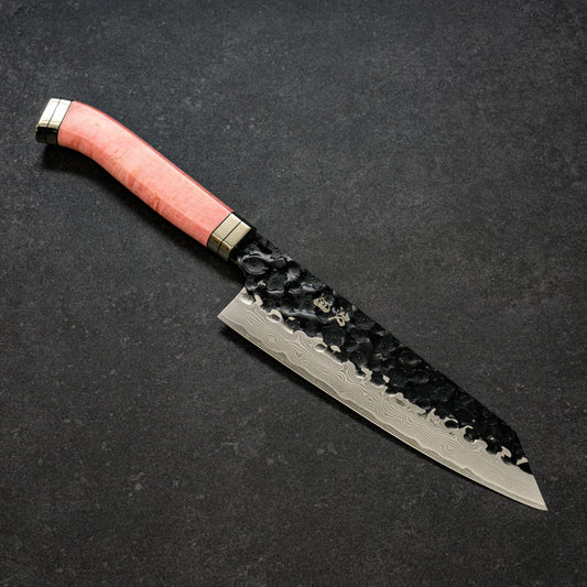 Black Cherry Blossoms Hammered Finish 67lays Damascus Bunka 180mm Pink Handle