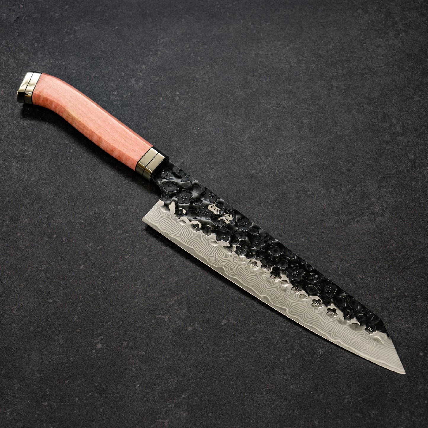 Black Cherry Blossoms Hammered Finish 67lays Damascus Bunka 210mm Pink Handle