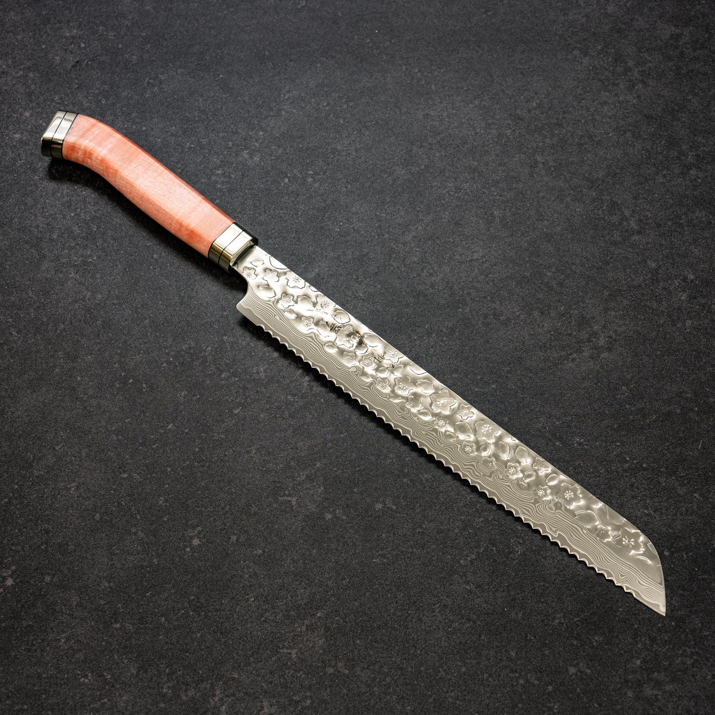 Polished Cherry Blossoms Hammered Finish 67lays Damascus Bread Knife 250mm