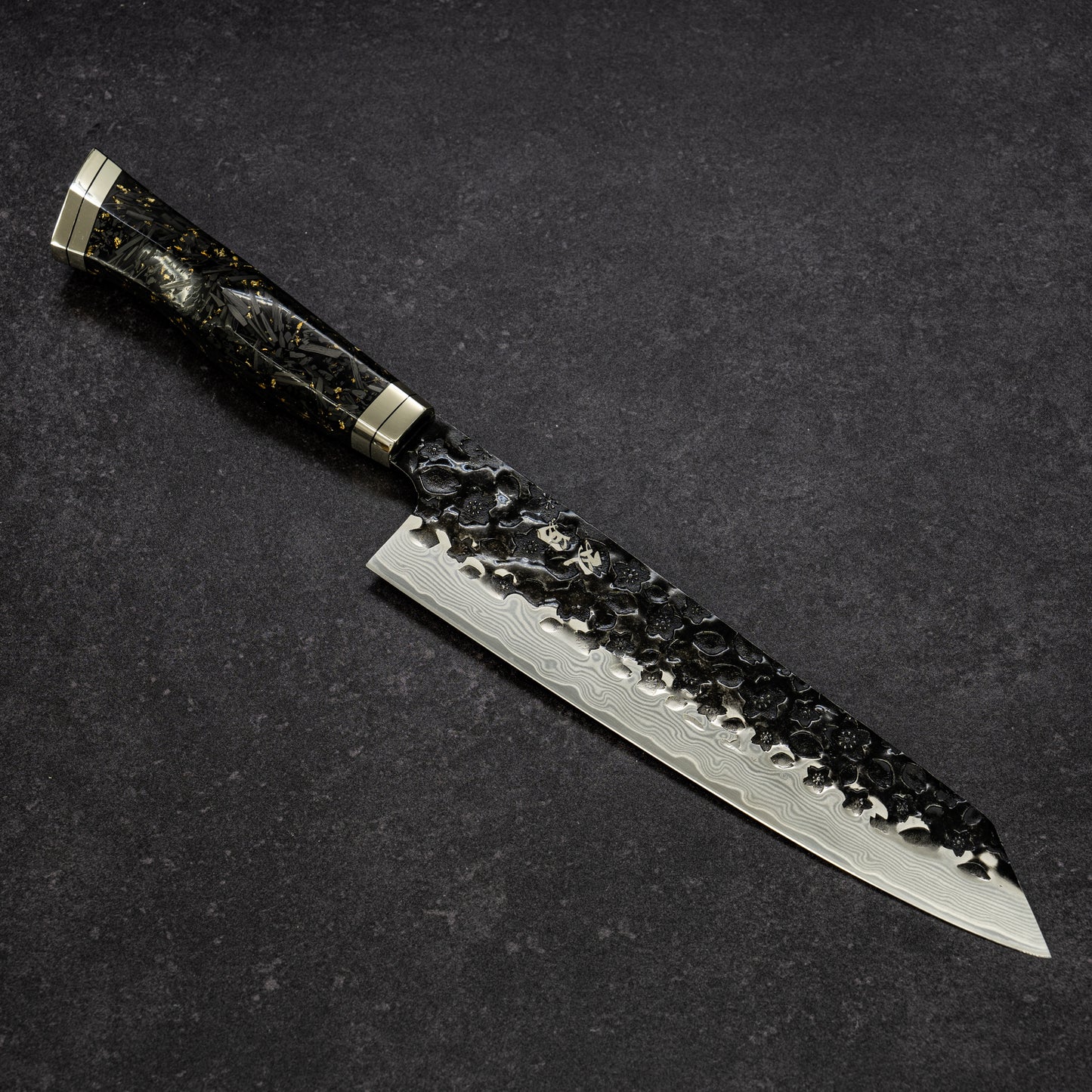 Black Cherry Blossoms Hammered Finish 67lays Damascus Bunka 210mm Gold Carbon fiber Handle
