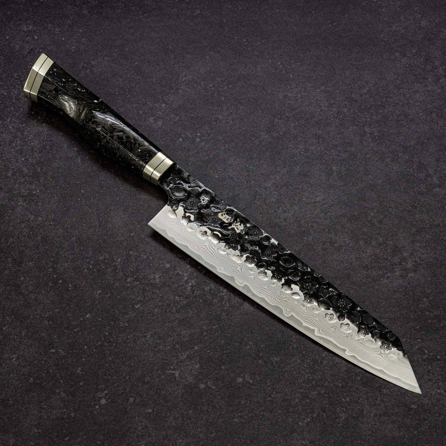 Black Cherry Blossoms Hammered Finish 67lays Damascus Bunka 210mm Silver Carbon fiber Handle