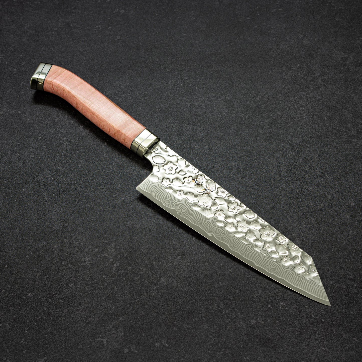 Polished Cherry Blossoms Hammered Finish 67lays Damascus Bunka 180mm Pink Handle