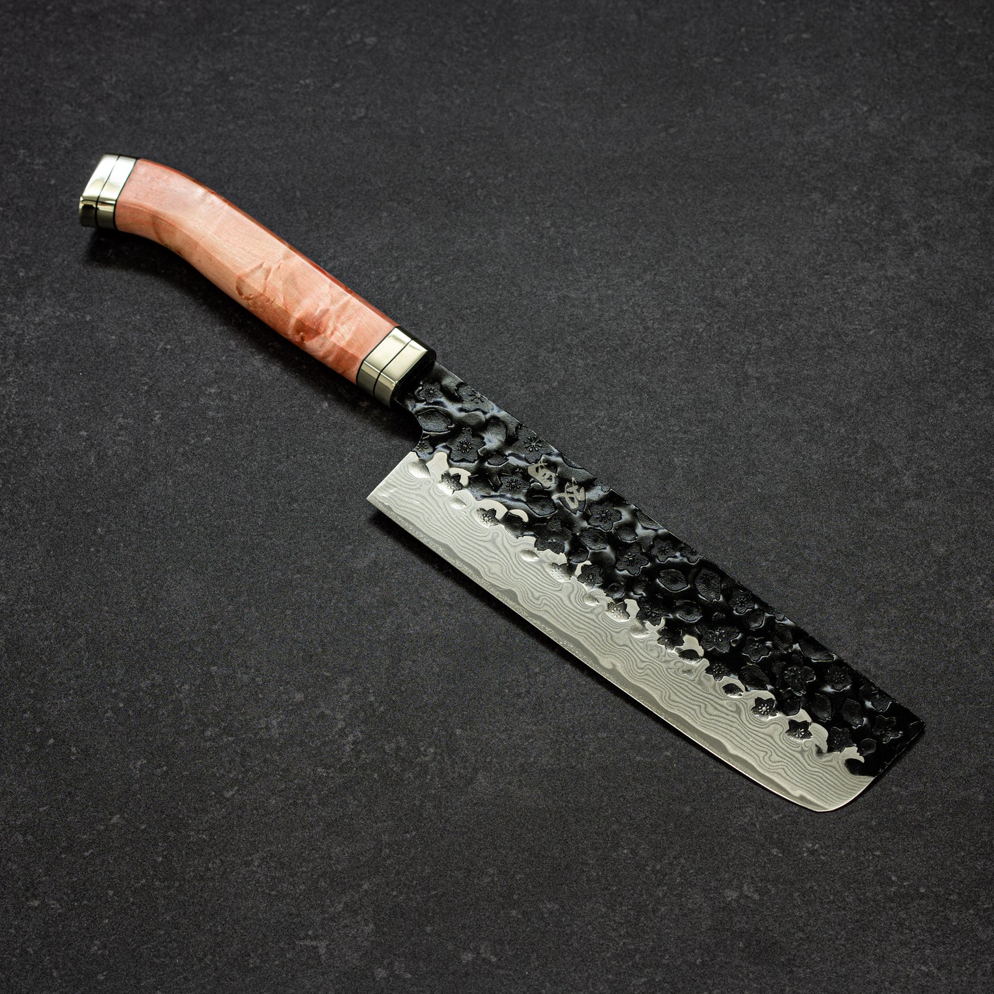 Black Cherry Blossoms Hammered Finish 67lays Damascus Nakiri 170mm Pink Handle