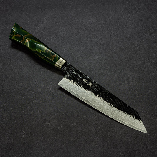 Black Scratch-Hammered Finish 67lays Damascus Bunka 180mm Emerald Handle