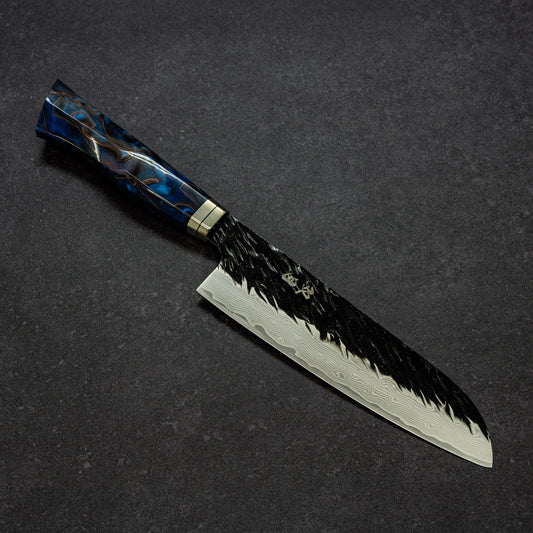 Black Scratch-Hammered Finish 67lays Damascus Santoku 180mm Sapphire Handle