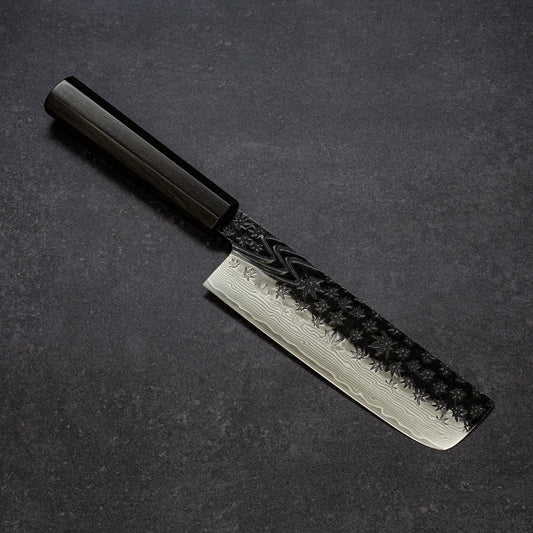 Black Maple Stream Hammered Finish 67lays Damascus Nakiri 170mm