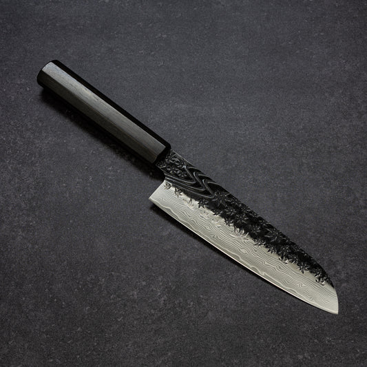 Black Maple Stream Hammered Finish 67lays Damascus Santoku 180mm