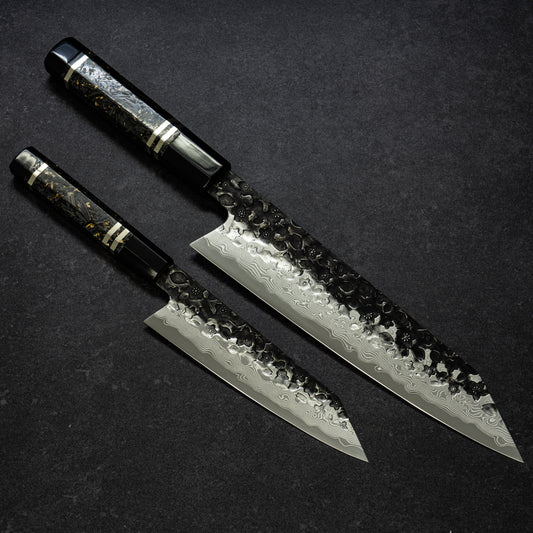 【Pre-Order】Blue No.2 | Super-Thin | Black Cherry Blossoms Hammered Finish 67lays Damascus Mini Bunka 150mm / Bunka 225mm
