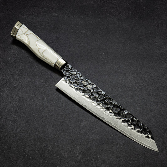 Black Cherry Blossoms Hammered Finish 67lays Damascus Bunka 210mm Pearl Handle