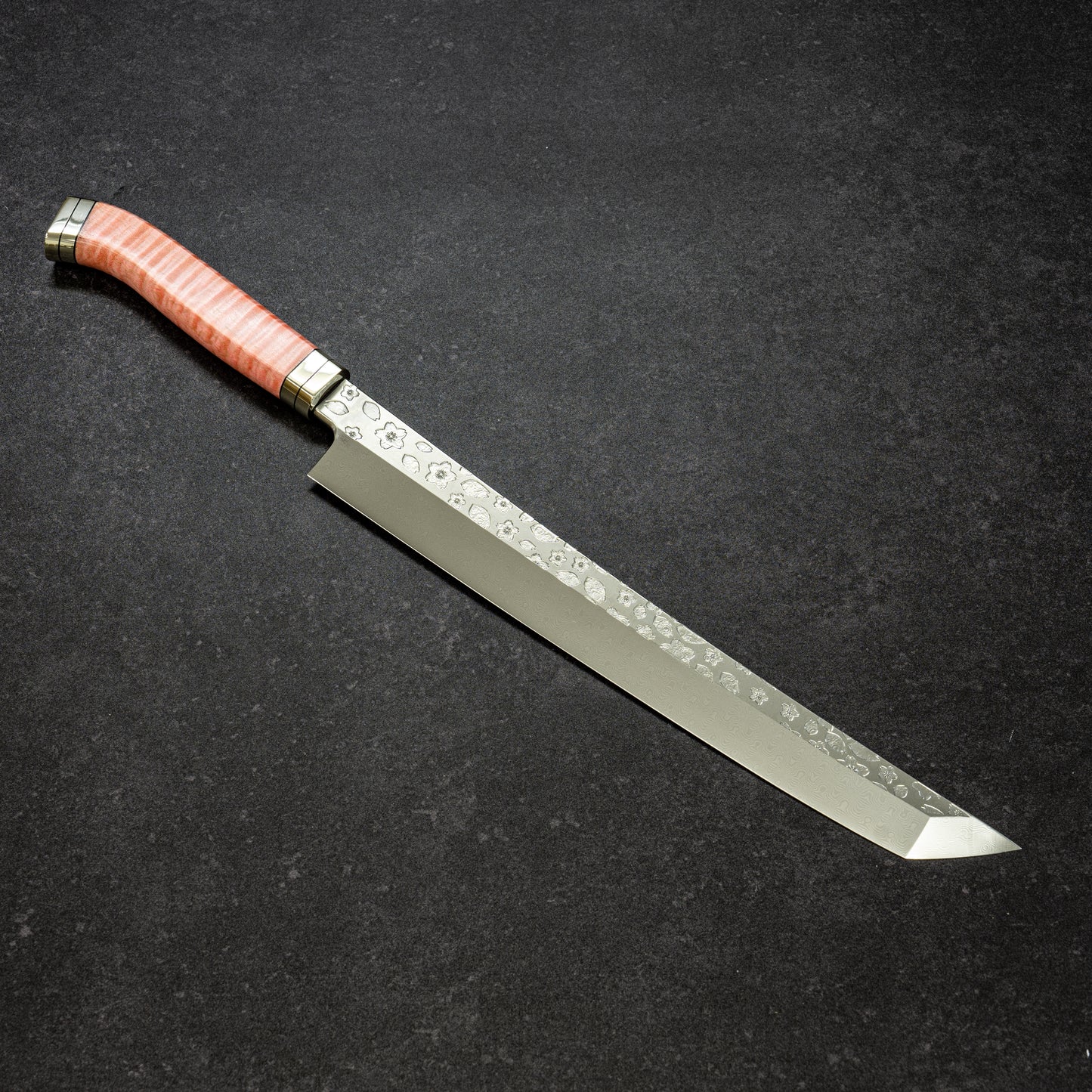【Pre-Order】Polished  Cherry Blossoms Hammered Finish Coreless Damascus Sakimaru-Yanagiba 270mm