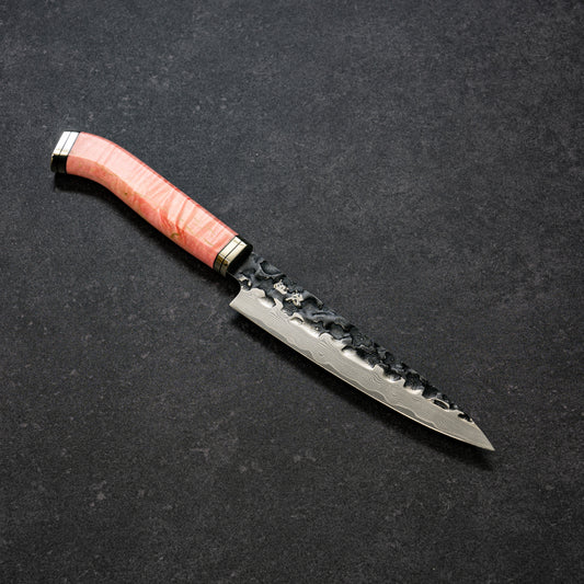 Black Cherry Blossoms Hammered Finish 67lays Damascus Petty 135mm Pink Handle