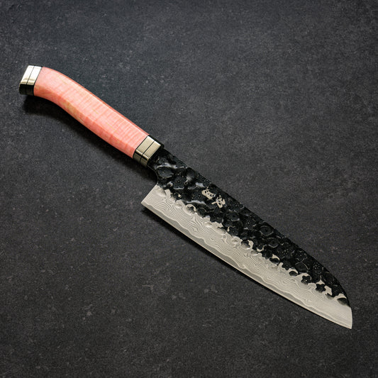 Black Cherry Blossoms Hammered Finish 67lays Damascus Santoku 180mm Pink Handle
