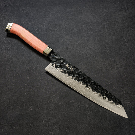 Black Cherry Blossoms Hammered Finish 67lays Damascus Bunka 210mm Pink Handle