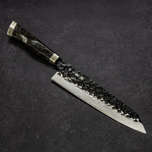 Black Cherry Blossoms Hammered Finish 67lays Damascus Bunka 210mm Gold Carbon fiber Handle