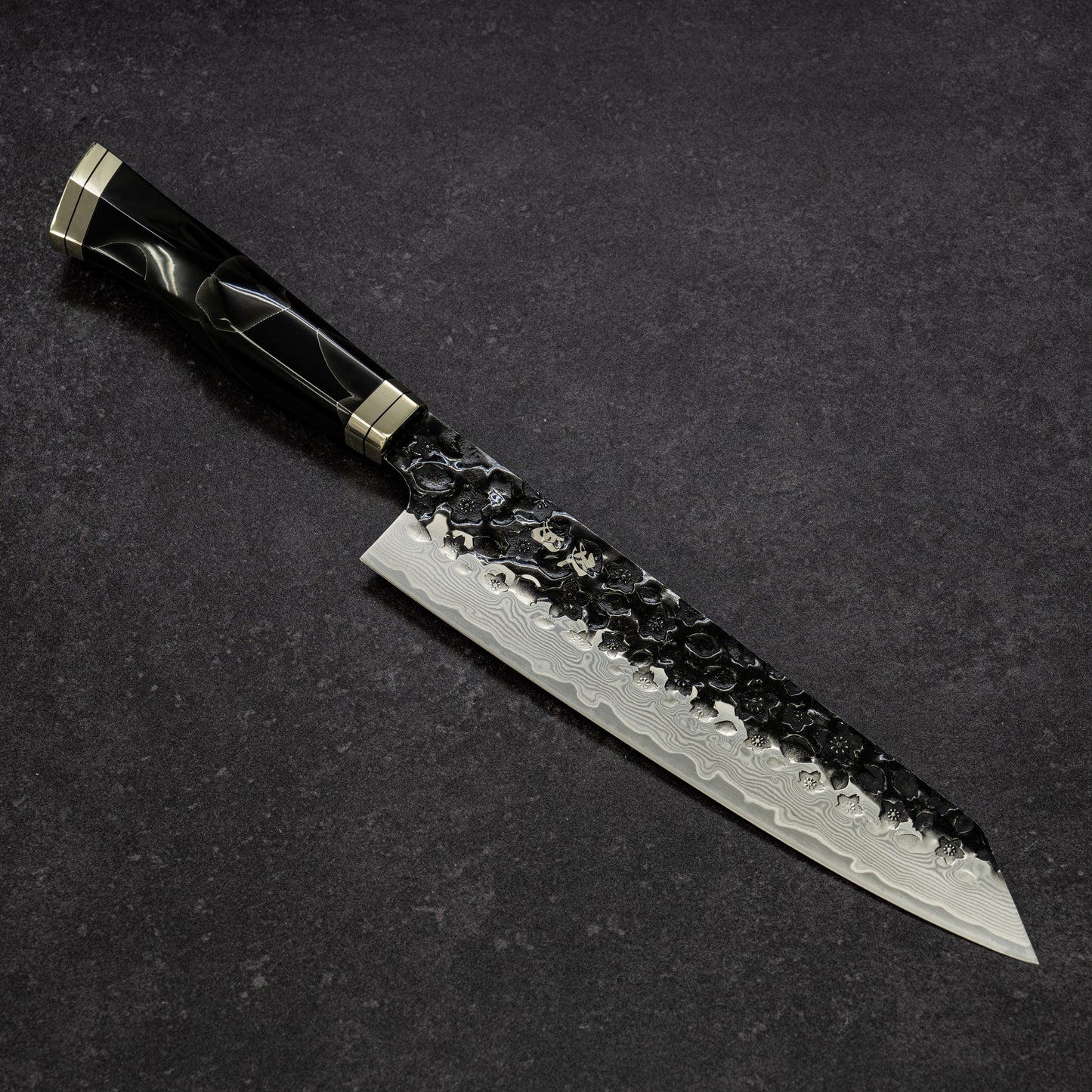 Black Cherry Blossoms Hammered Finish 67lays Damascus Bunka 210mm Onxy Handle