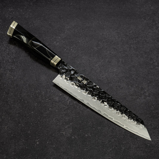 Black Cherry Blossoms Hammered Finish 67lays Damascus Bunka 210mm Onxy Handle
