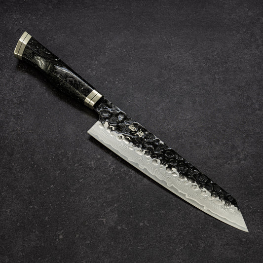 Black Cherry Blossoms Hammered Finish 67lays Damascus Bunka 210mm Silver Carbon fiber Handle