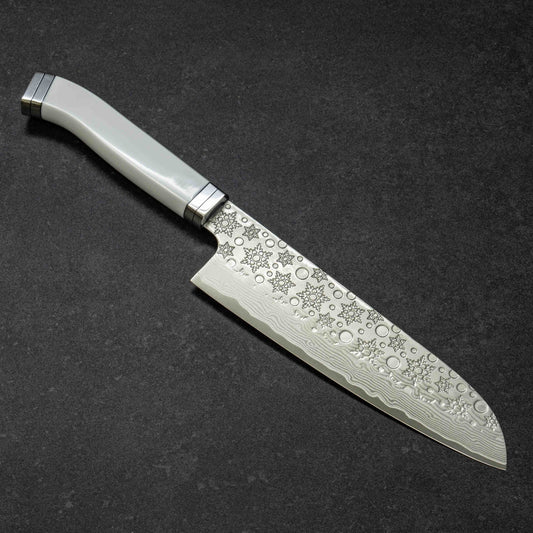 Snowflake Hammered Finish 67lays Damascus Santoku 180mm White Handle