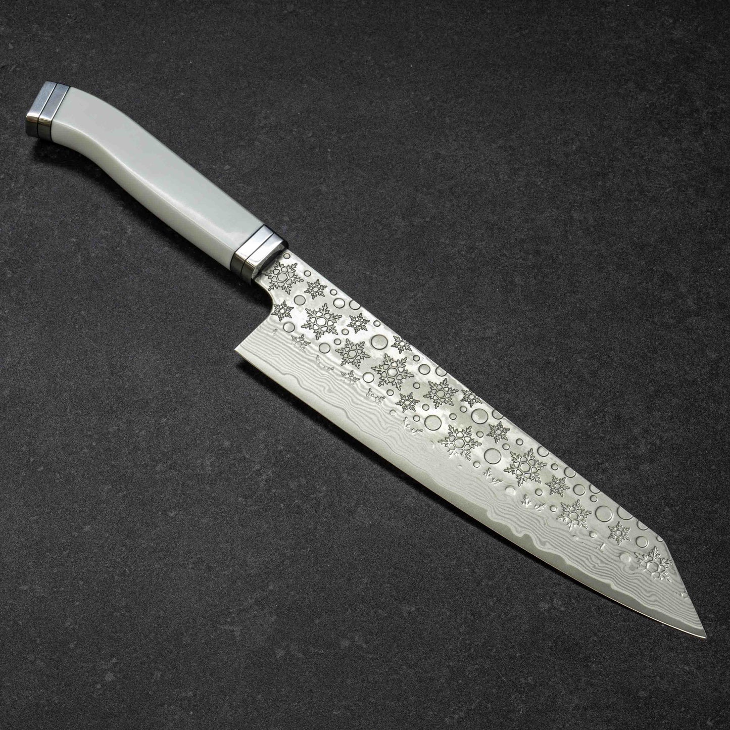 Snowflake Hammered Finish 67lays Damascus Bunka 210mm White Handle