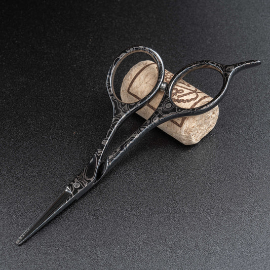 Black damascus small scissors curved / Medium-thin