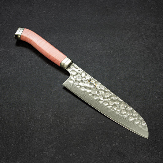 Polished Cherry Blossoms Hammered Finish 67lays Damascus Santoku 180mm Pink Handle