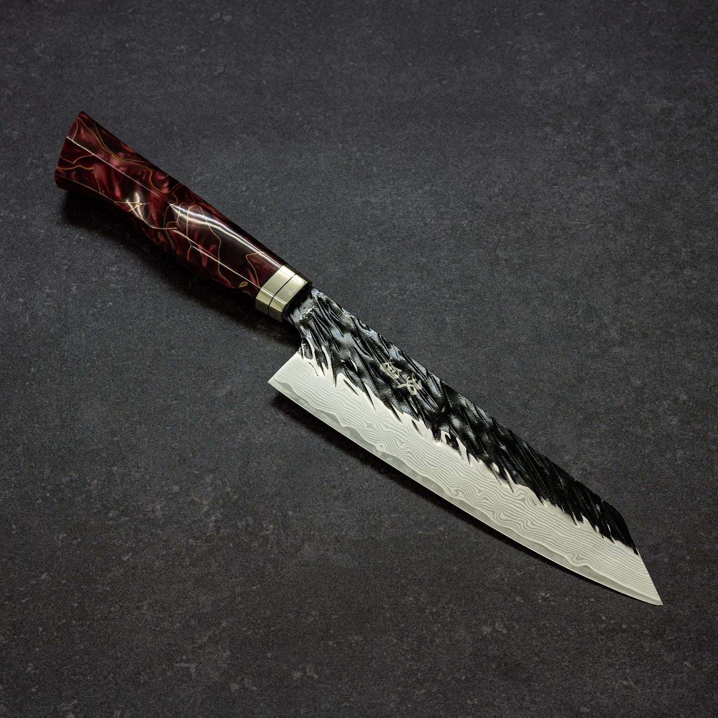 Black Scratch-Hammered Finish 67lays Damascus Bunka 180mm Ruby Handle