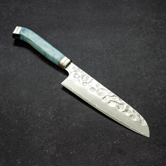 Fireworks & Goldfish Hammered Finish 67lays Damascus Santoku 180mm Blue Handle