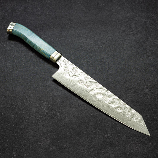 Fireworks & Goldfish Hammered Finish 67lays Damascus Bunka 210mm Blue Handle